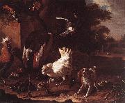 HONDECOETER, Melchior d Birds and a Spaniel in a Garden sf oil painting reproduction